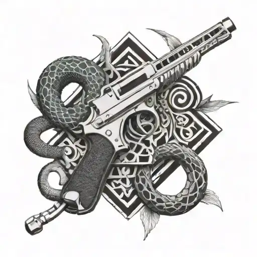 Three-dimensional scale with gun, fire and snake tattoo design idea