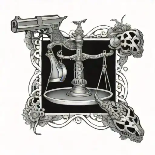 Three-dimensional scales of justice with gun, fire and snake tattoo design idea