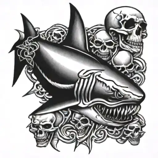 shark and skulls tattoo design idea