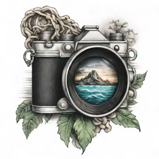 photo camera sea mountain landscape tattoo design idea