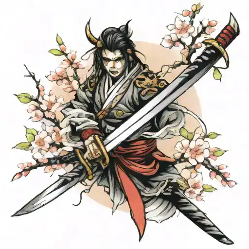 katana with a cherry blossom tree wrapped around it tattoo design idea