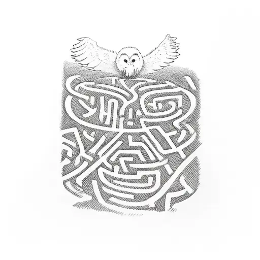 The quote 'should you need us' written on the top of a labyrinth maze with a white owl flying out of the maze  tattoo design idea