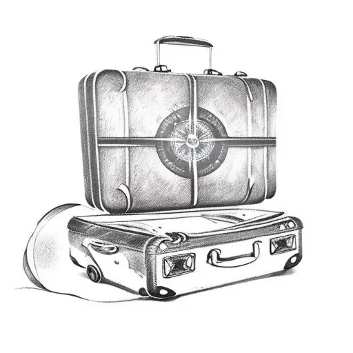 A tattoo design of a vintage suitcase with travel stickers and a compass, symbolizing your passion for travel and wandering. tattoo design idea