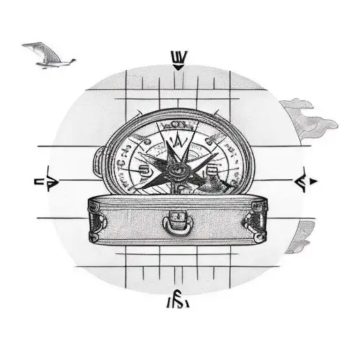 A tattoo design of a vintage suitcase with travel stickers and a compass, symbolizing your passion for travel and wandering. tattoo design idea