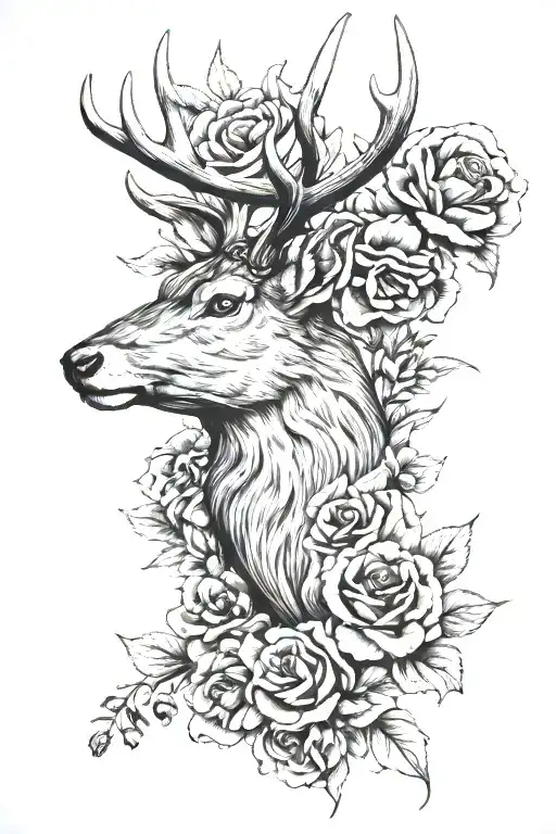 stag head with poppy and roses  tattoo design idea