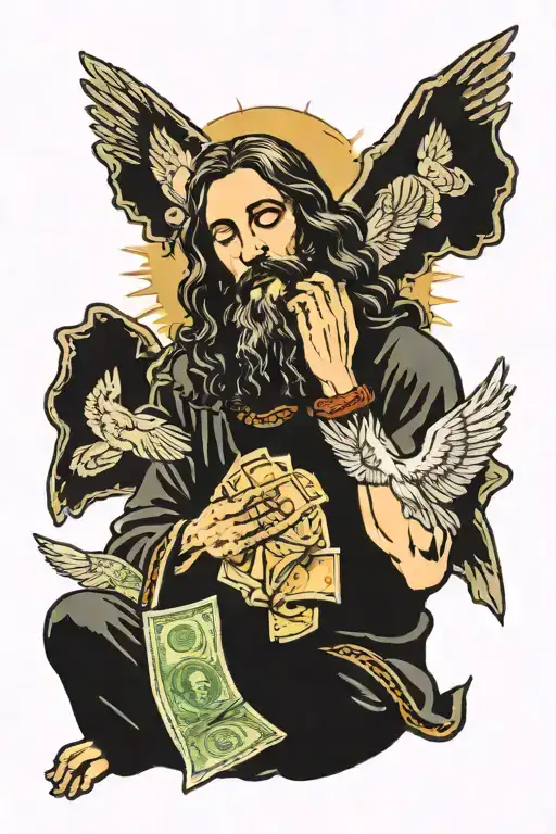 god or jesus praying surrounded money and music  tattoo design idea
