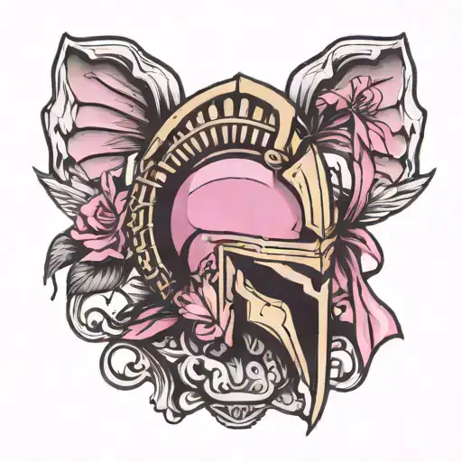 spartan helmet with breast cancer ribbon tattoo design idea