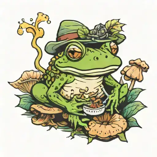 a hippier frog smokes on a mushroom tattoo design idea