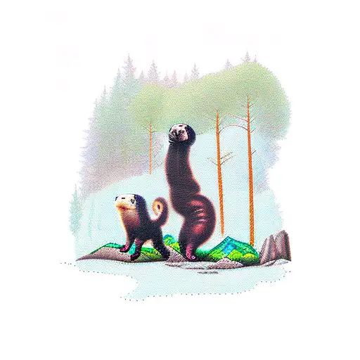 A group of ferrets hiking through a forest with tiny backpacks tattoo design idea