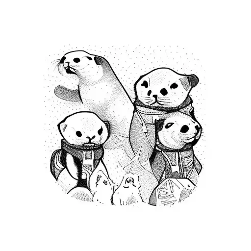 A group of ferrets hiking through a forest with tiny backpacks tattoo design idea
