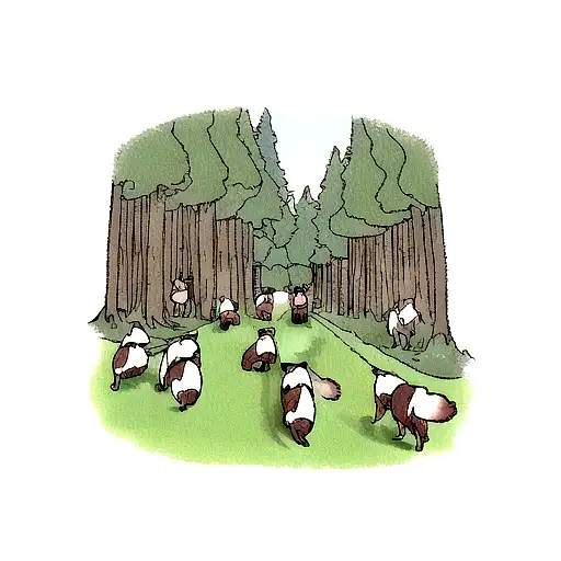 A group of ferrets hiking through a forest with tiny backpacks tattoo design idea