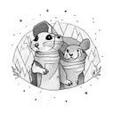 A group of ferrets hiking through a forest with tiny backpacks tattoo design idea