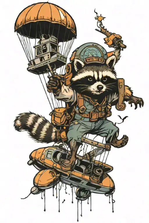 a racoon jumping out of a plane with a parachute that looks like a jellyfish tattoo design idea