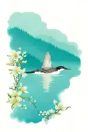 mt hood in the background with common loon and apple blossoms tattoo design idea