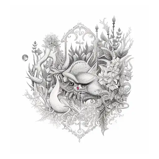 An enchanted garden filled with exotic plants and mythical creatures tattoo design idea