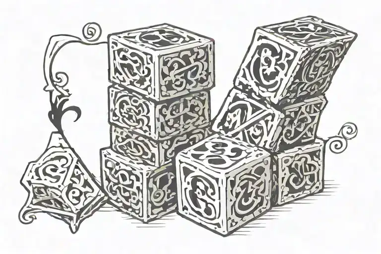 5 letter dice spelled DANTE and arranged horizontally, the T and E letters are rolled halfway revealing letters E and S tattoo design idea