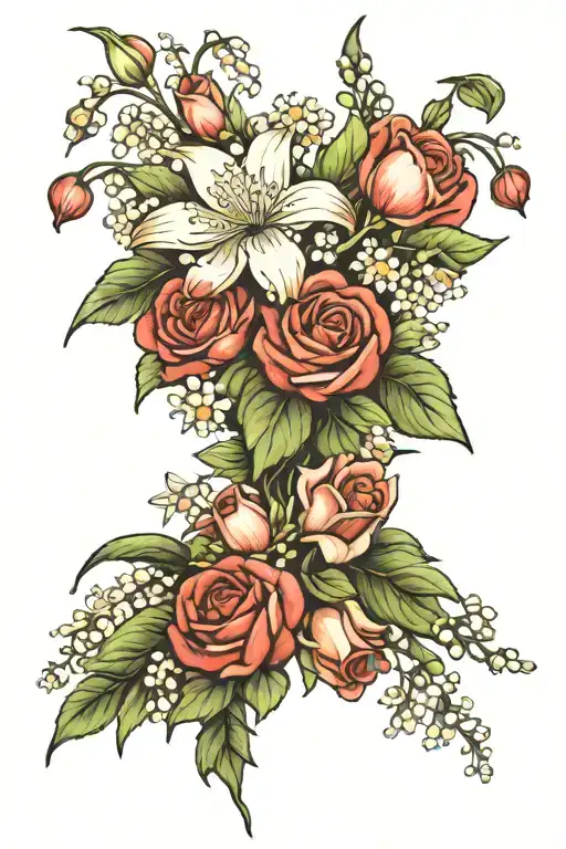 rose, lily of the valley, daisy bouquet tattoo design idea
