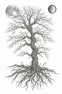 leafless tree with roots exposed at the bottom, and a crescent moon and sun intertwined at the top tattoo design idea
