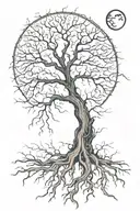 leafless tree with roots exposed at the bottom, and a crescent moon and sun intertwined at the top tattoo design idea