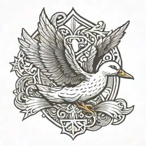 A duck with wings, one side is angelic, the other side is demonic, in the center of the duck is a Maltese cross tattoo design idea
