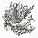 A duck with wings, one side is angelic, the other side is demonic, in the center of the duck is a Maltese cross tattoo design idea