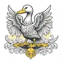 A duck with wings, one side is angelic, the other side is demonic, in the center of the duck is a Maltese cross tattoo design idea