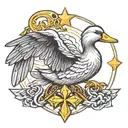 A duck with wings, one side is angelic, the other side is demonic, in the center of the duck is a Maltese cross tattoo design idea