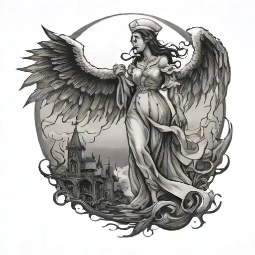A hauntingly beautiful moonlit scene of a nurse guiding lost souls through the gates of hell tattoo design idea
