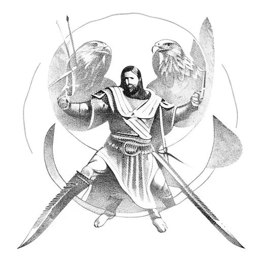 A gladiator holding a sword and a spear in each hand, surrounded by eagles in flight tattoo design idea