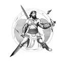 A gladiator holding a sword and a spear in each hand, surrounded by eagles in flight tattoo design idea