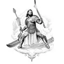 A gladiator holding a sword and a spear in each hand, surrounded by eagles in flight tattoo design idea