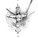 A gladiator holding a sword and a spear in each hand, surrounded by eagles in flight tattoo design idea