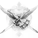 An eagle perched on a gladiator's shoulder, with a sword and spear crossed behind them tattoo design idea