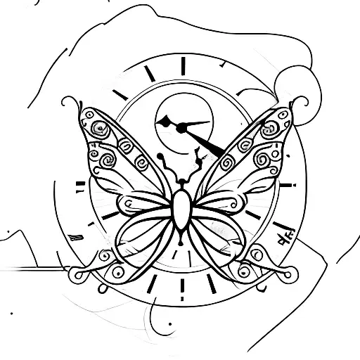 Butterfly coming out a clock that shows time 1:24pm tattoo design idea