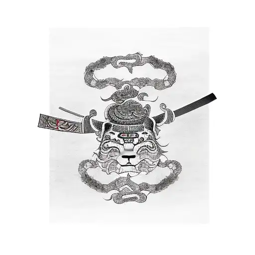 A realistic depiction of a samurai sword with the text 'Go Rin No Sho' (Book of Five Rings) in Japanese calligraphy, surrounded by traditional Japanese motifs tattoo design idea