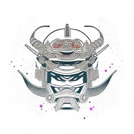 A new-school design of a samurai helmet and mask, adorned with intricate patterns and symbols from the Book of Five Rings, in a bold and colorful style tattoo design idea