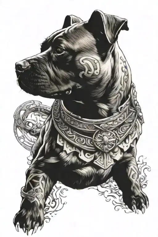 A mythical creature combining features of a Staffordshire Bull Terrier and a warrior tattoo design idea