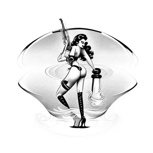 Create a pinup-style tattoo design featuring a seductive female firefighter in a sexy pose. She should be standing in fr tattoo design idea