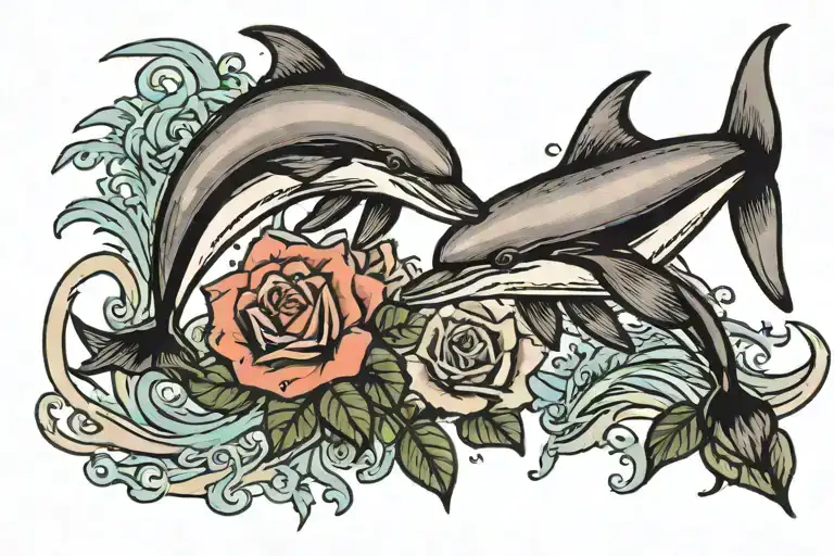 two dolphins jumping out of the water over a rose TRAMP STAMP  tattoo design idea