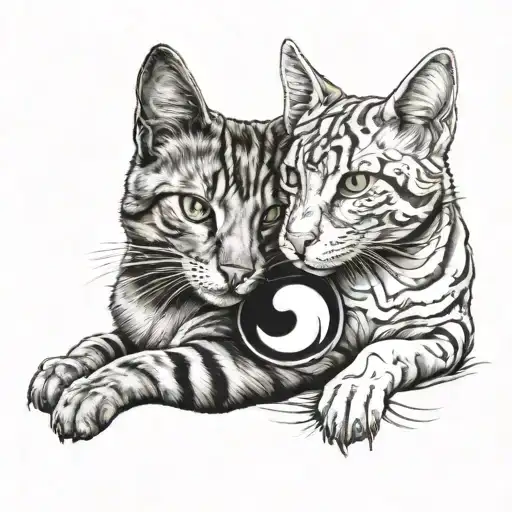 A realistic depiction of a cat and dog intertwined in a Yin and Yang symbol tattoo design idea
