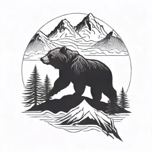 A minimalist blackwork tattoo of a bear silhouette against a mountain backdrop tattoo design idea