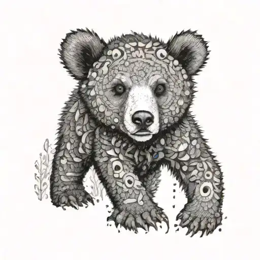A dotwork tattoo of a bear cub exploring the wilderness of Somiedo National Park tattoo design idea
