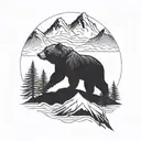 A minimalist blackwork tattoo of a bear silhouette against a mountain backdrop tattoo design idea