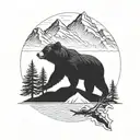 A minimalist blackwork tattoo of a bear silhouette against a mountain backdrop tattoo design idea