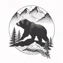 A minimalist blackwork tattoo of a bear silhouette against a mountain backdrop tattoo design idea