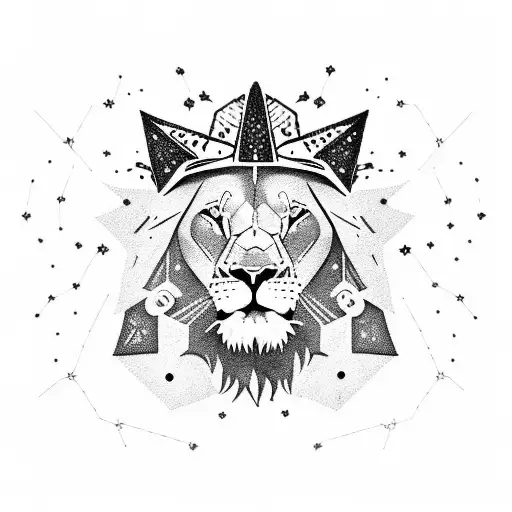 Lion with a celestial crown and a cross made of constellations tattoo design idea