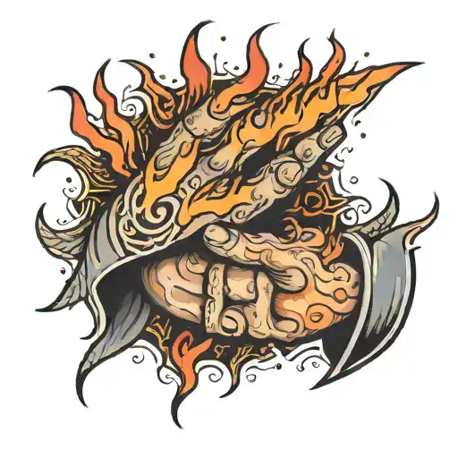hand reaching to hold another hand that is in fire with the words "another in the fire" tattoo design idea