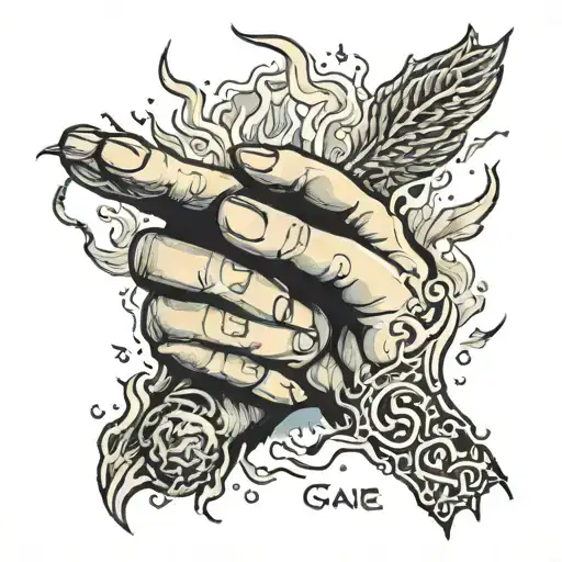 the hand of God reaching to hold another hand that is surrounded by fire with the words "another in the fire" tattoo design idea