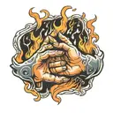 hand reaching to hold another hand that is in fire with the words "another in the fire" tattoo design idea