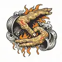 hand reaching to hold another hand that is in fire with the words "another in the fire" tattoo design idea